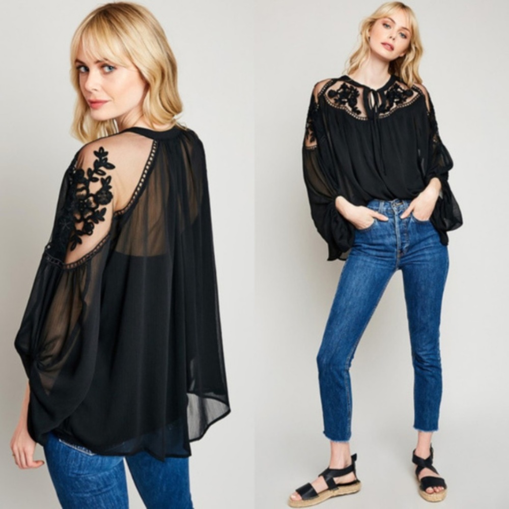 Boho Black Neck Tie Peasant Embroidered Oversized Floral Top - Picture 5 of 6